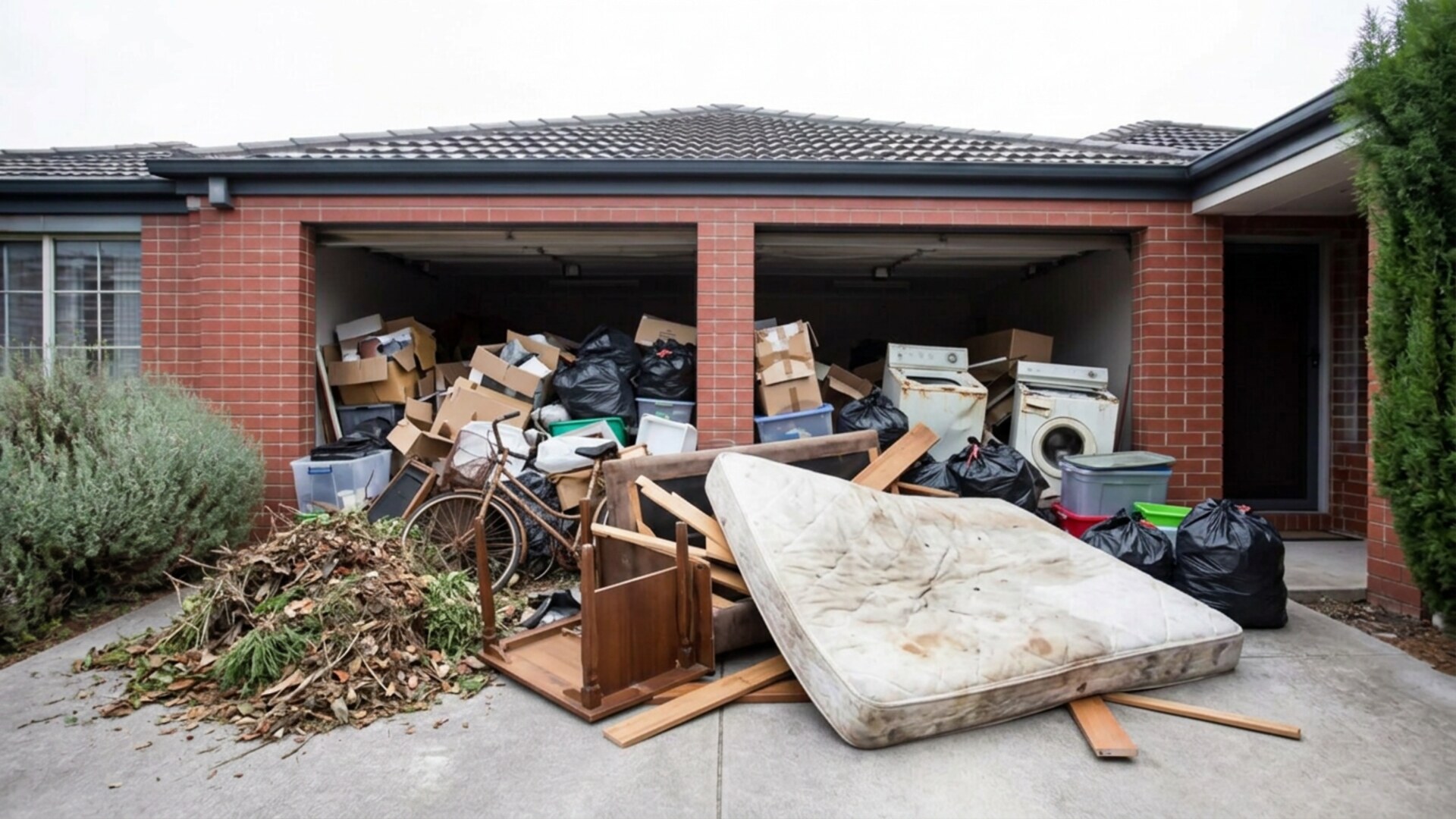 Household junk, mattress and green waste piled across a Melbourne driveway and garage before removal